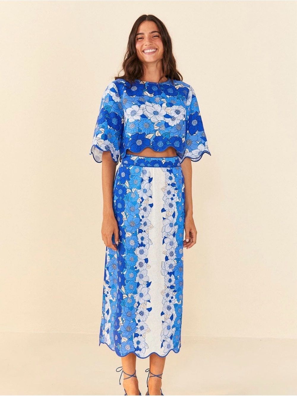 FARM Rio Blue & White Floral Lace Crop Top - Flowers Stripes Crop Top